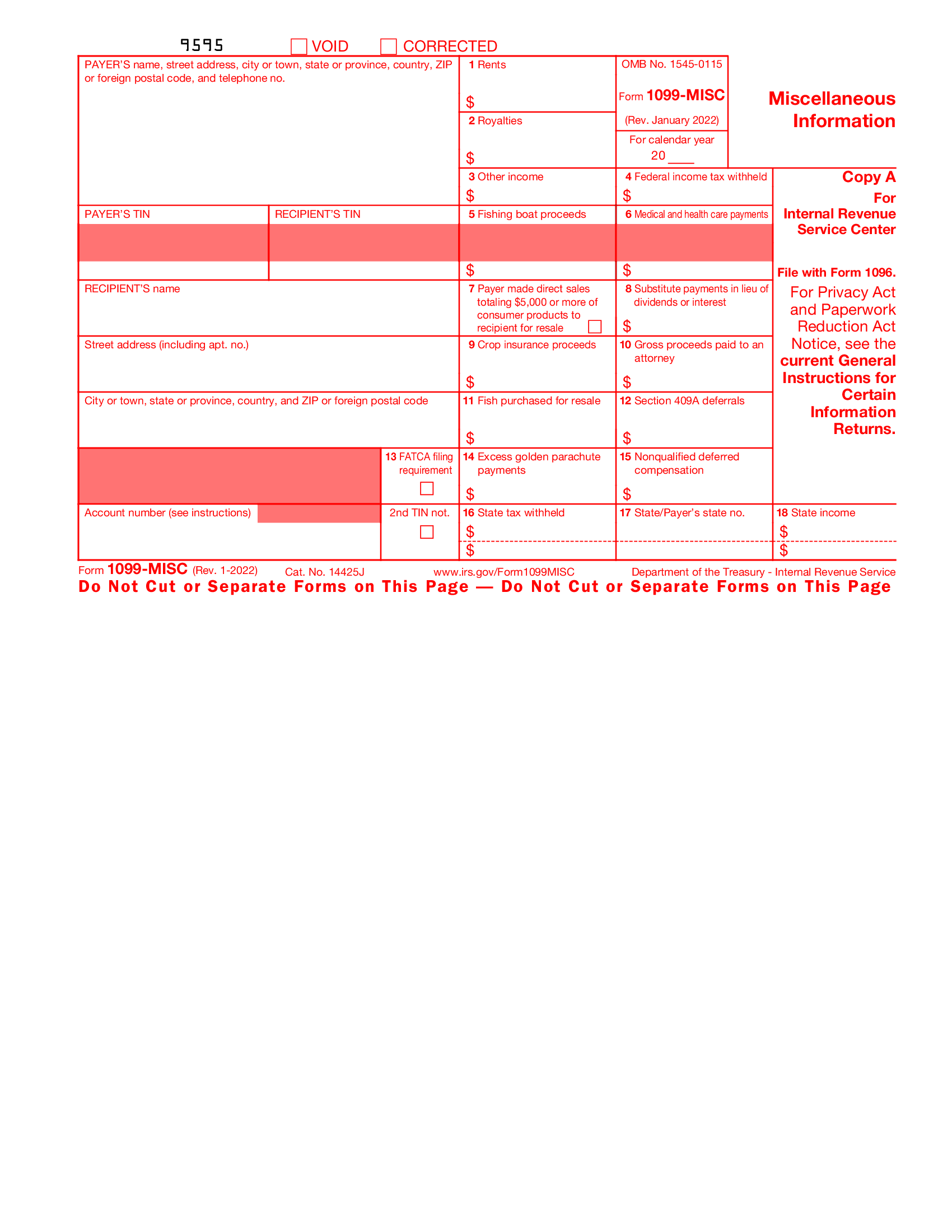 Fillable 1099 Misc Irs 2022