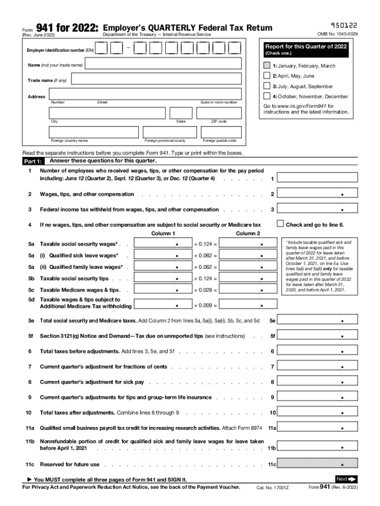 Fillable 2022 941 Quarterly Report Forms