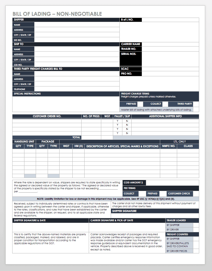 Fillable Bill Of Lading Template Excel