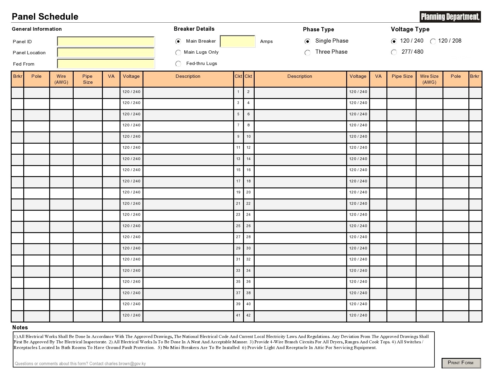 Fillable Panel Schedule Template Excel