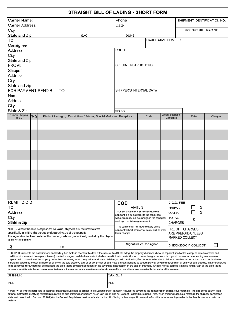 Fillable Short Bill Of Lading Template