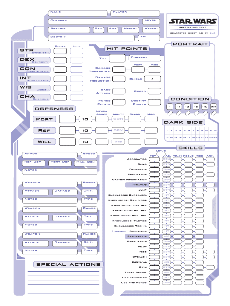 Fillable Star Wars D20 Character Sheet