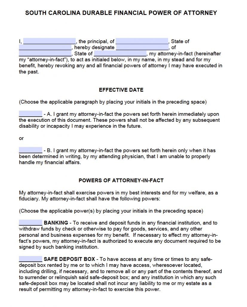 Free Printable Durable Power Of Attorney Form South Carolina