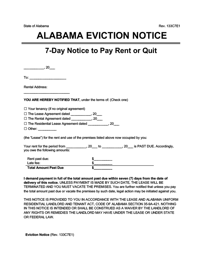 Free Printable Eviction Notice Alabama