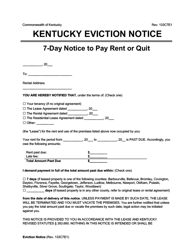Free Printable Eviction Notice Kentucky