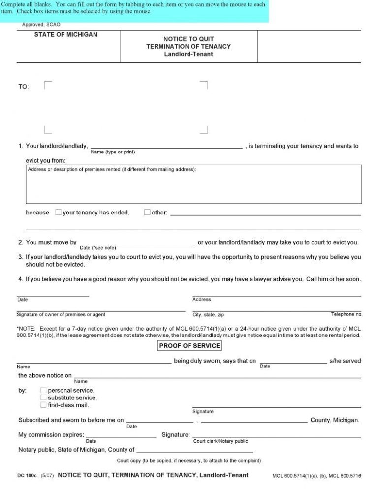 Free Printable Eviction Notice Michigan Fillable Form 2023 0002