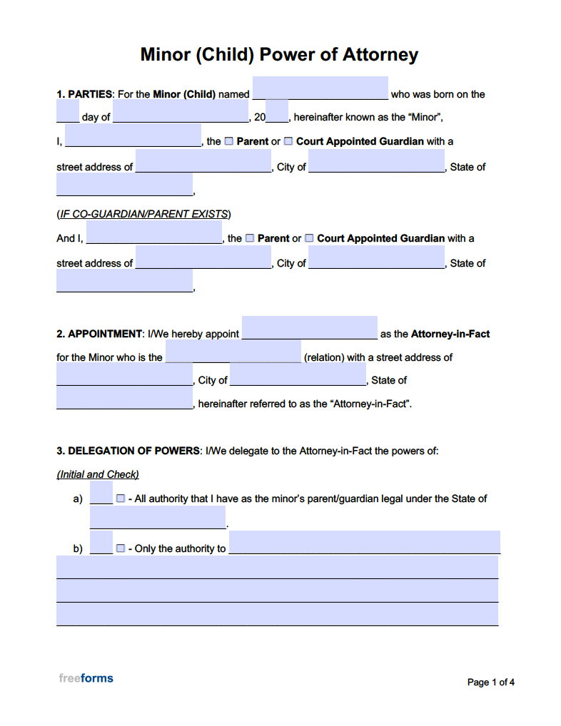 Free Printable Power Of Attorney Forms For Child