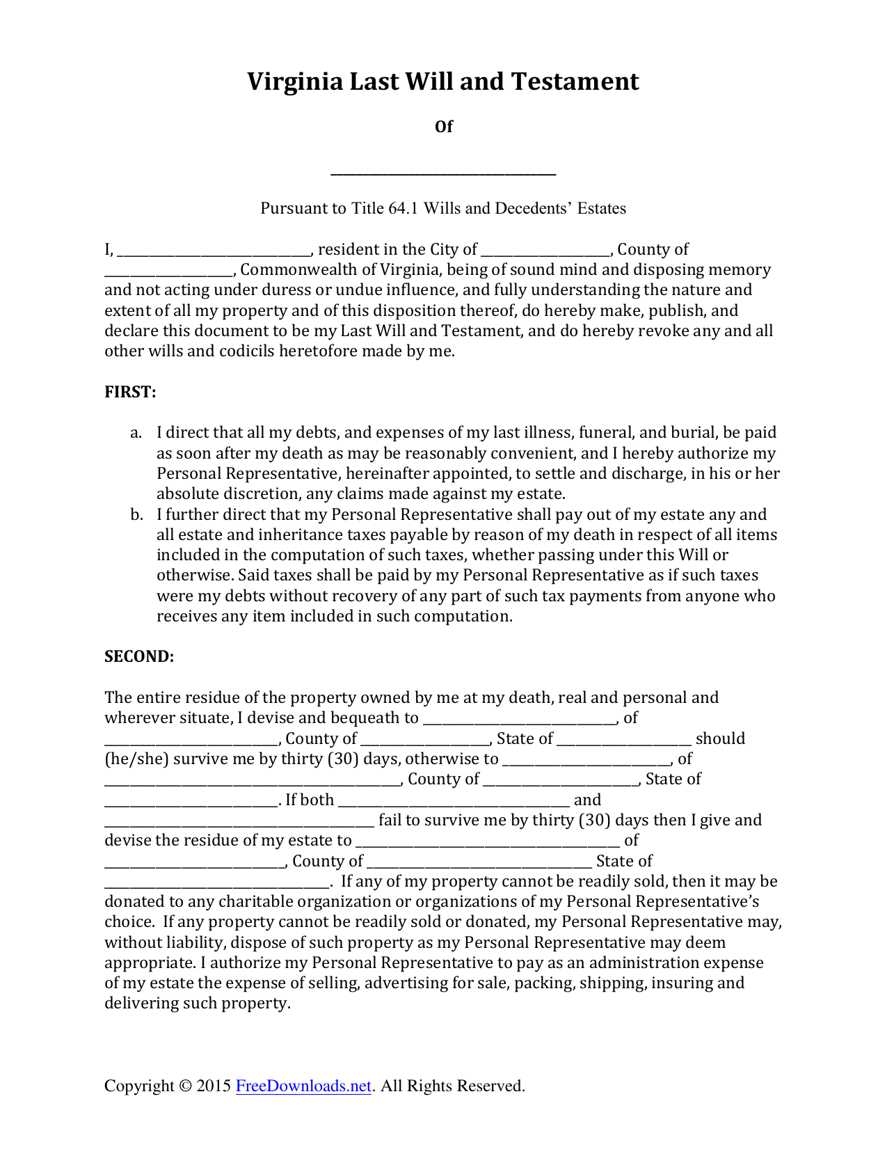 Free Printable Will Forms Virginia