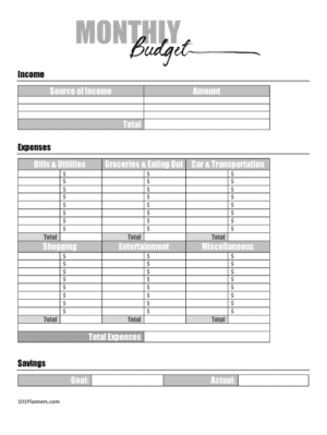 Monthly Budget Forms Free Printable