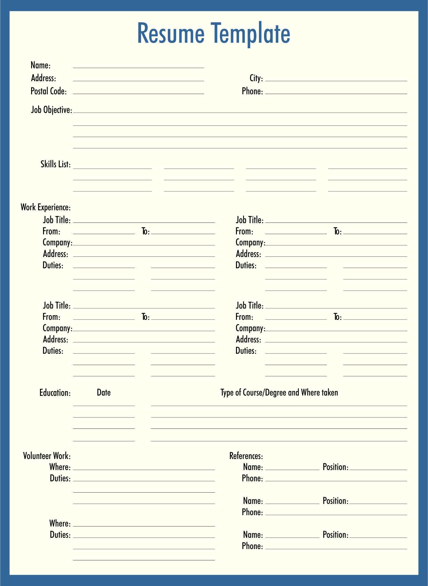 Print Blank Resume Form