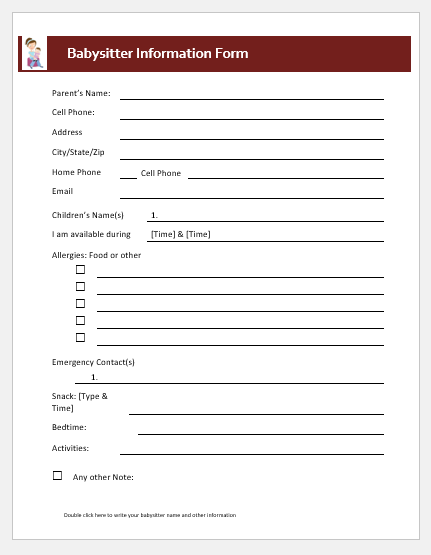 Printable Babysitter Form For Parents