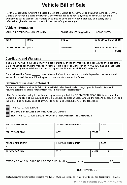 Printable Bill Of Sale Form For Vehicle