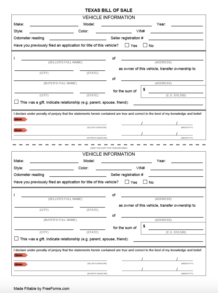 Printable Bill Of Sale Form Texas