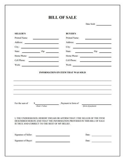 Printable Bill Of Sale Forms Free