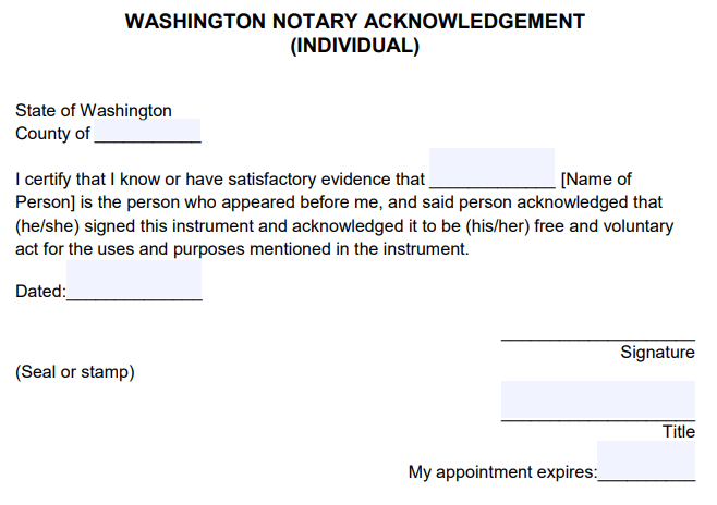 Printable Blank Notary Form Washington State