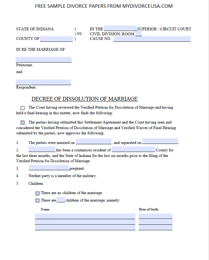 Printable Divorce Papers Indiana