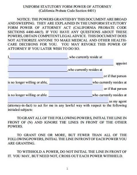 Printable Durable Power Of Attorney Form California