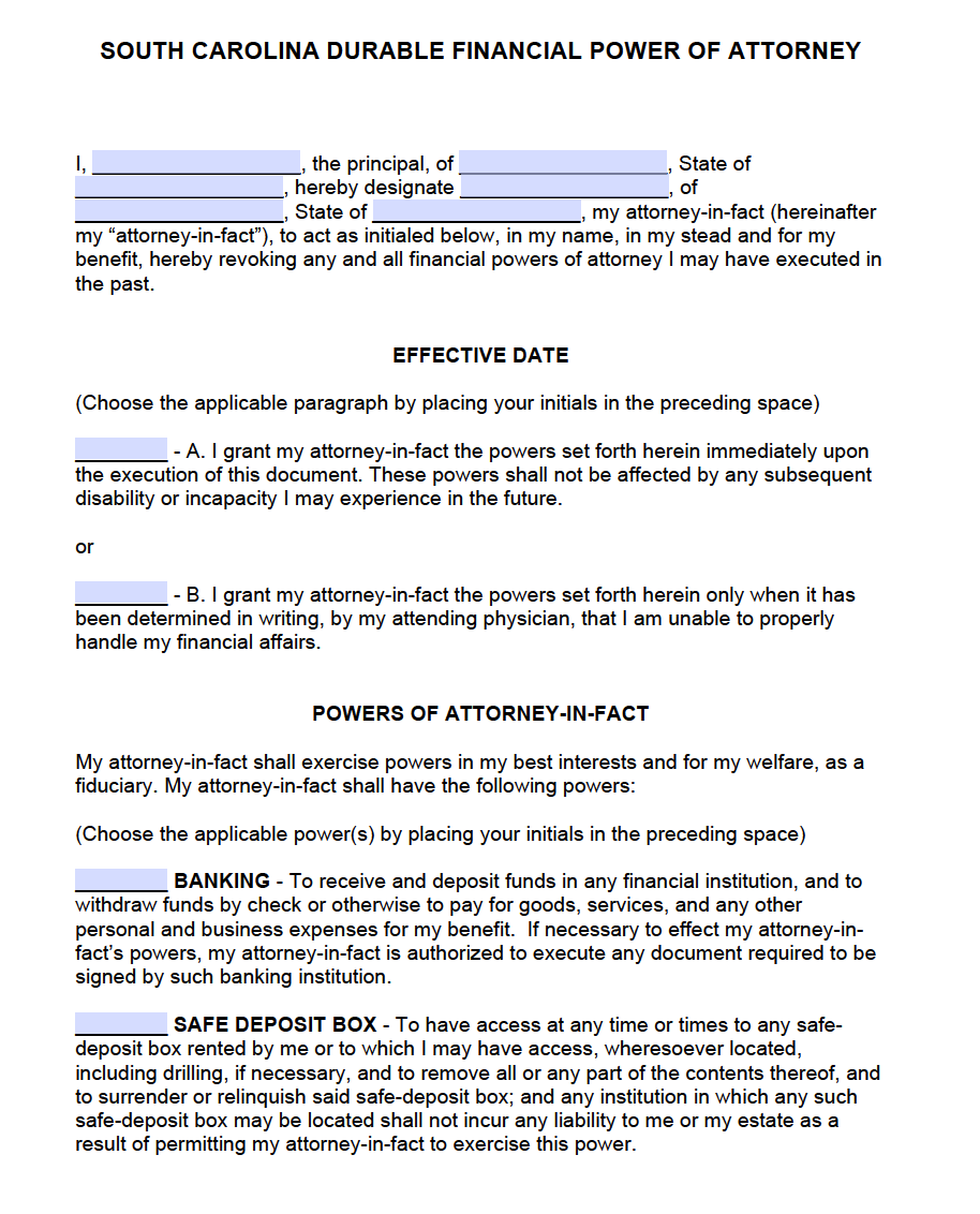 Printable Durable Power Of Attorney Form Sc