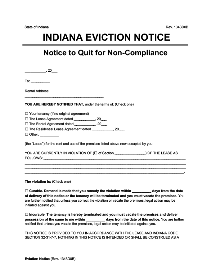 Printable Eviction Notice Indiana - Fillable Form 2023