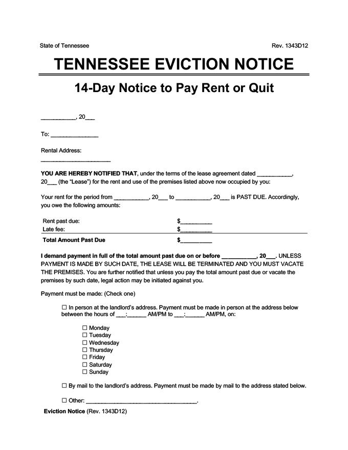 Printable Eviction Notice Tennessee