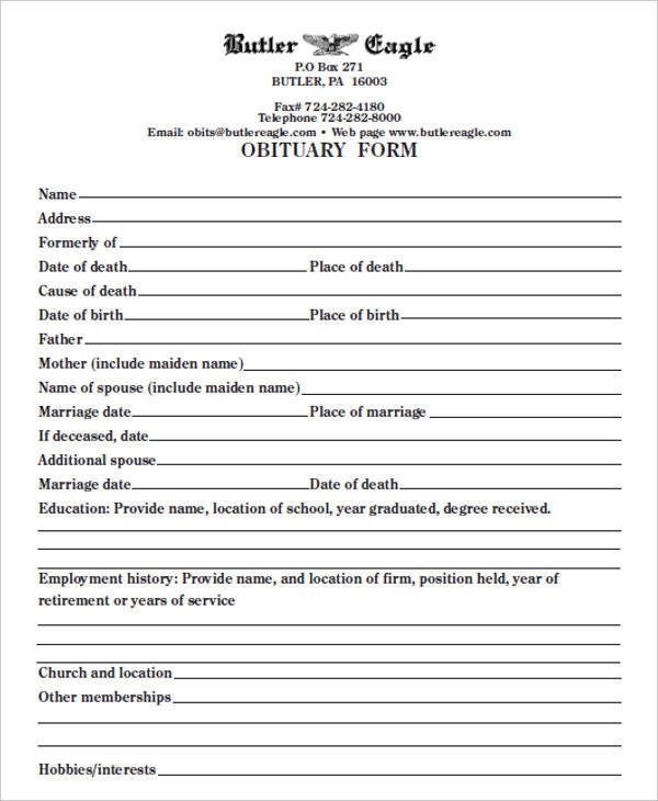 Printable Obituary Forms