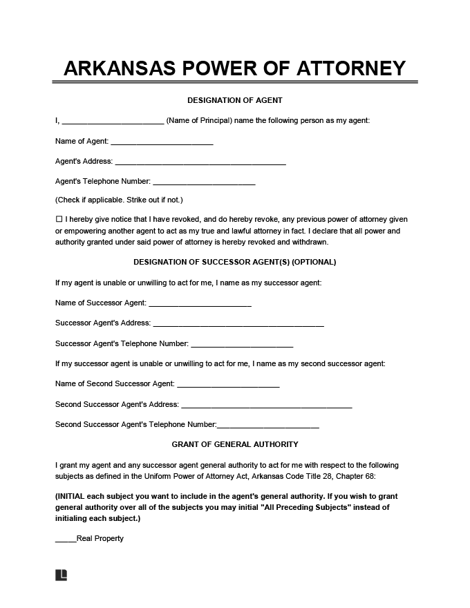 Printable Power Of Attorney Form Arkansas Fillable Form 2023 3455