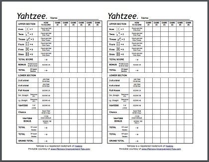 Printable Yahtzee Forms