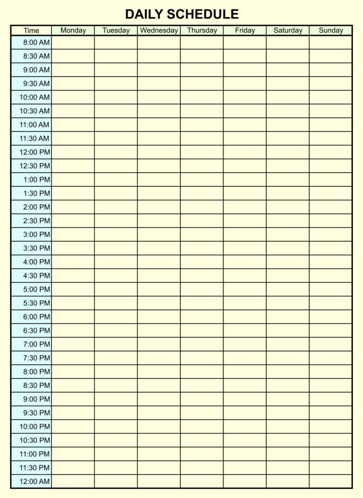 Printable 24 Hour Weekly Schedule Template