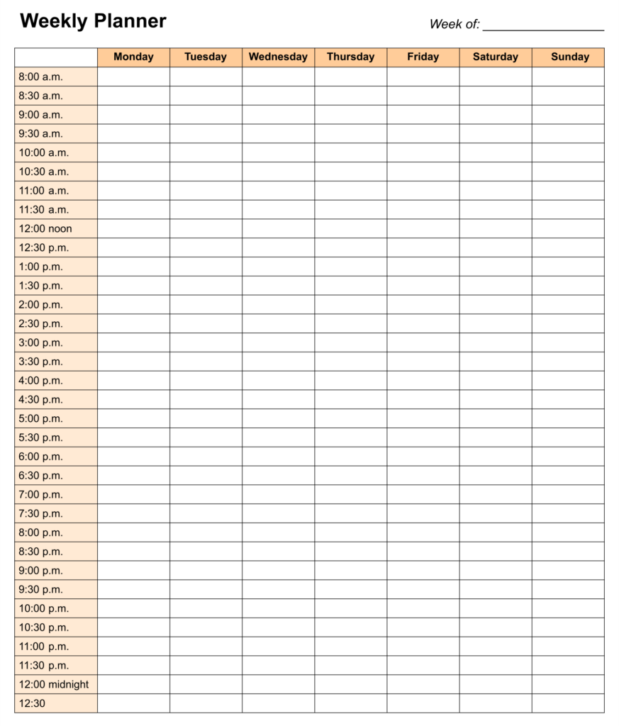 Printable 24 Hour Weekly Schedule Template