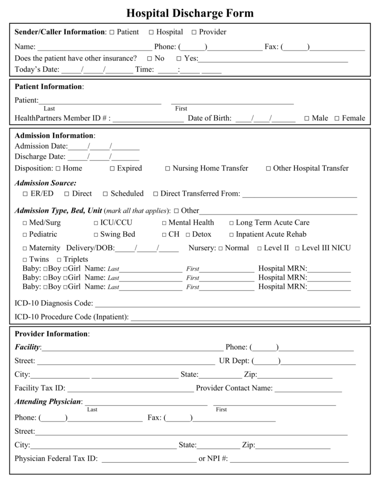 10 Best Free Printable Hospital Discharge Forms Printablee - Fillable ...