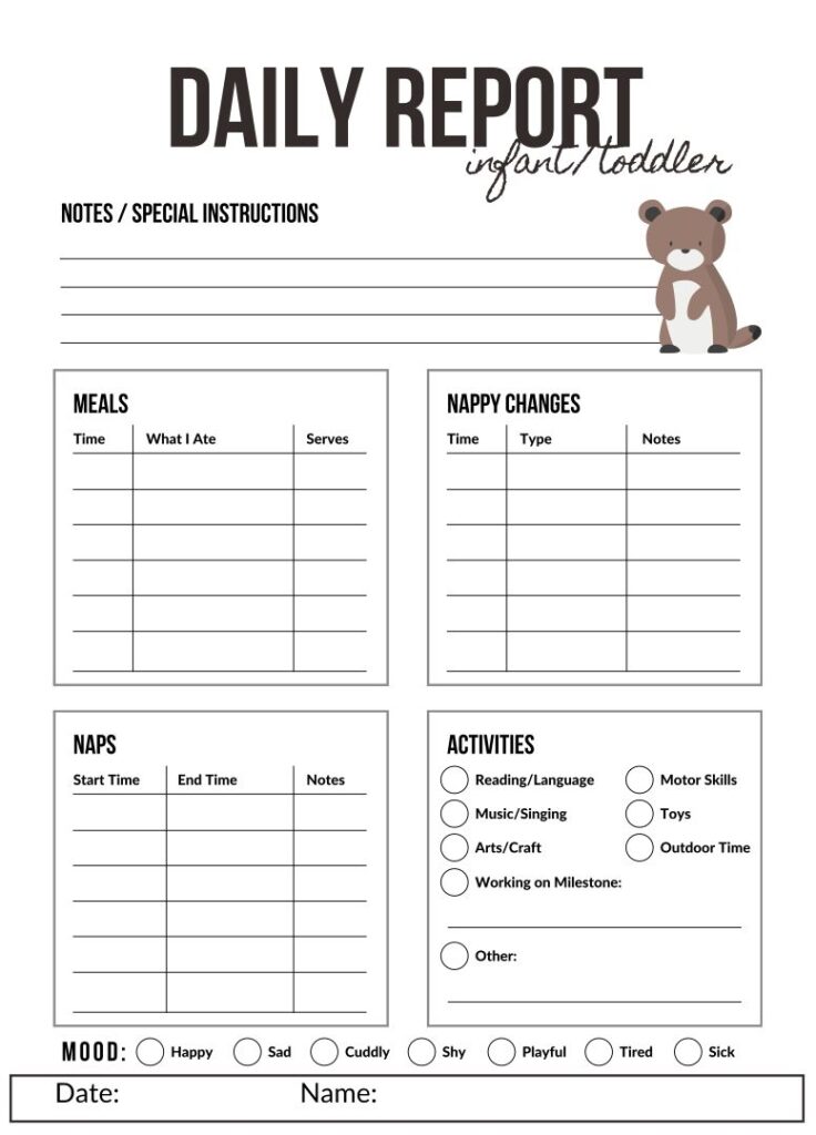 Printable Infant Daily Report Template