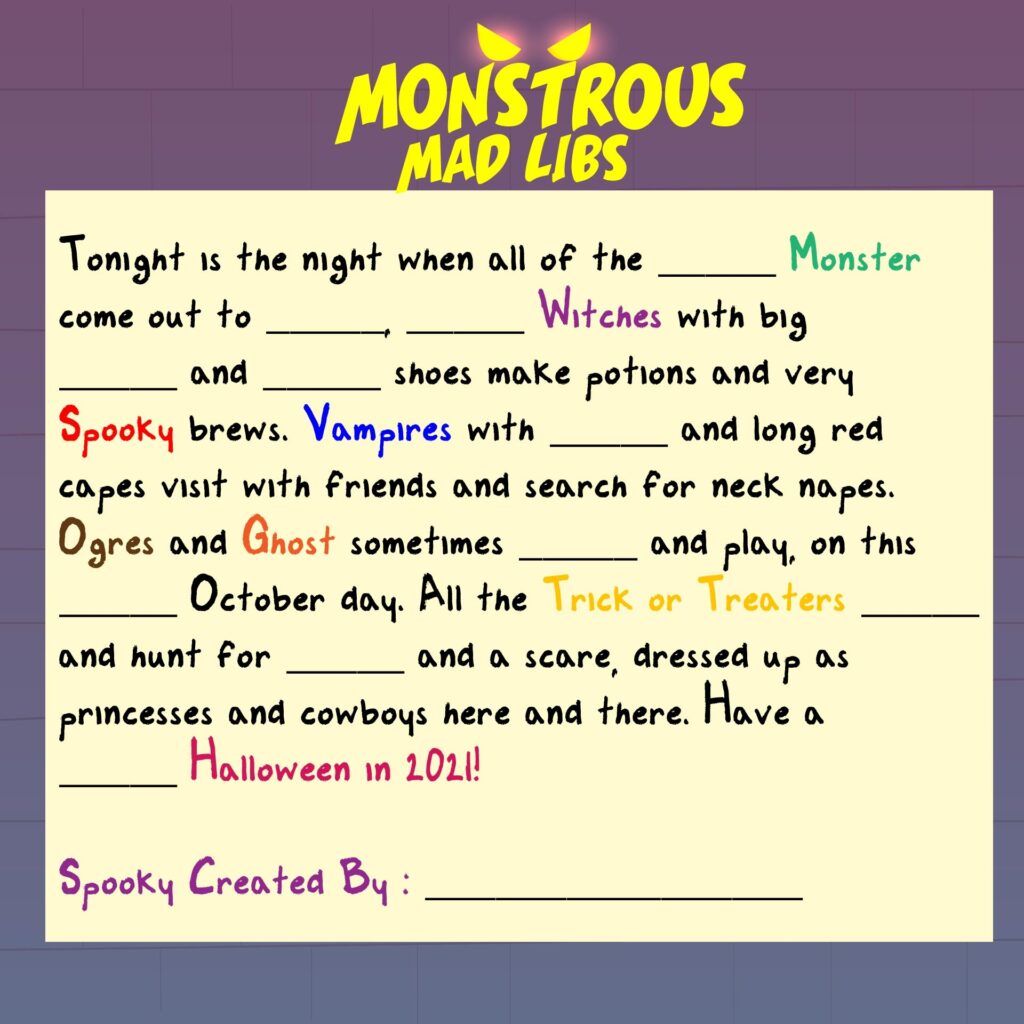 Free Printable Mad Libs For Kids Monster Theme