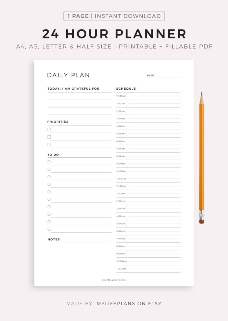 24 Hour Daily Planner Printable Daily To Do List For Work Etsy de