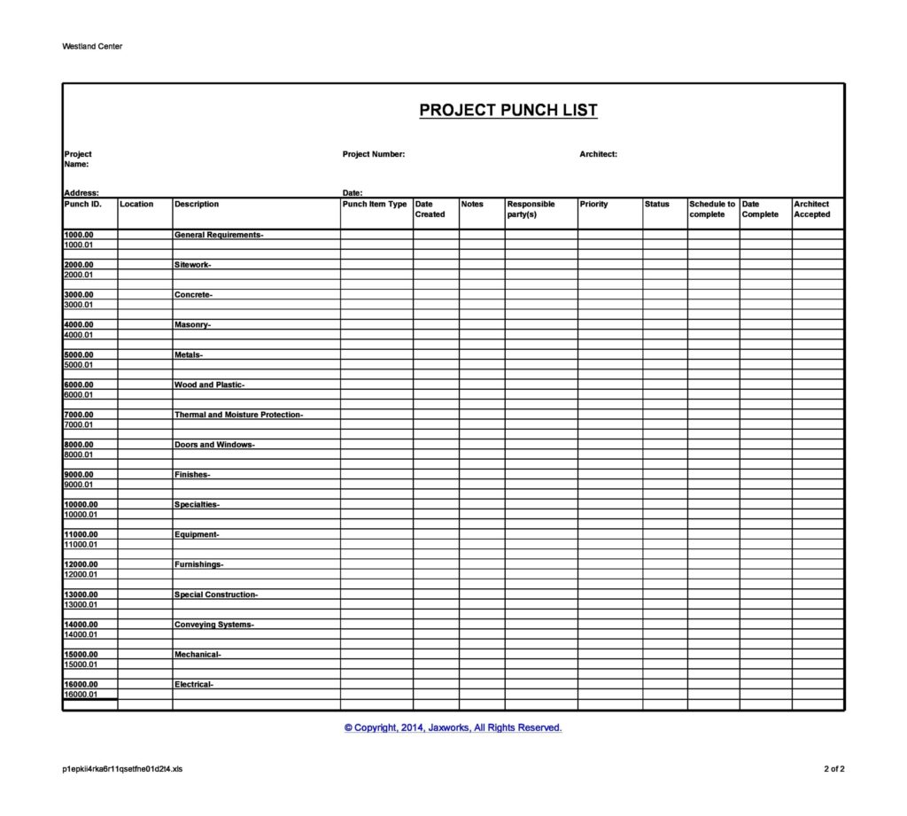 Printable Punch List Template Pdf