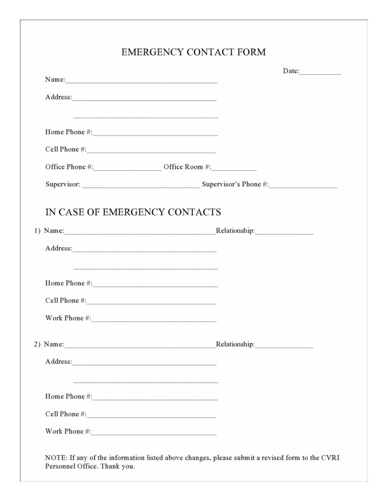 Printable Emergency Contact Form Template