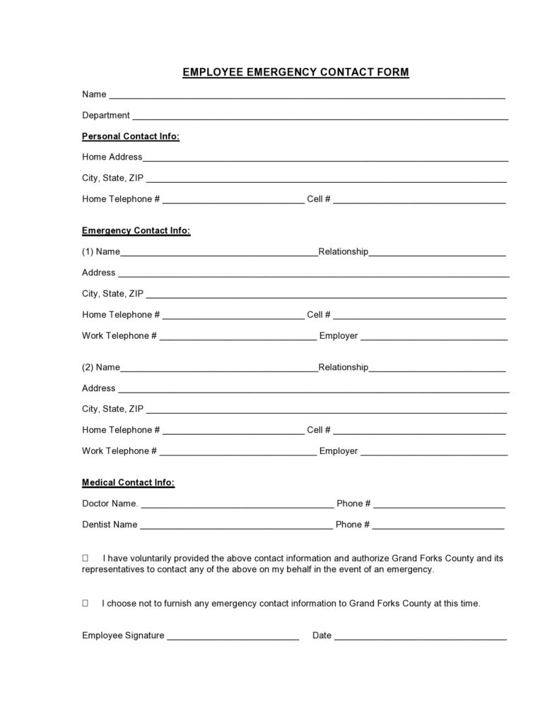 Printable Emergency Contact Form Template