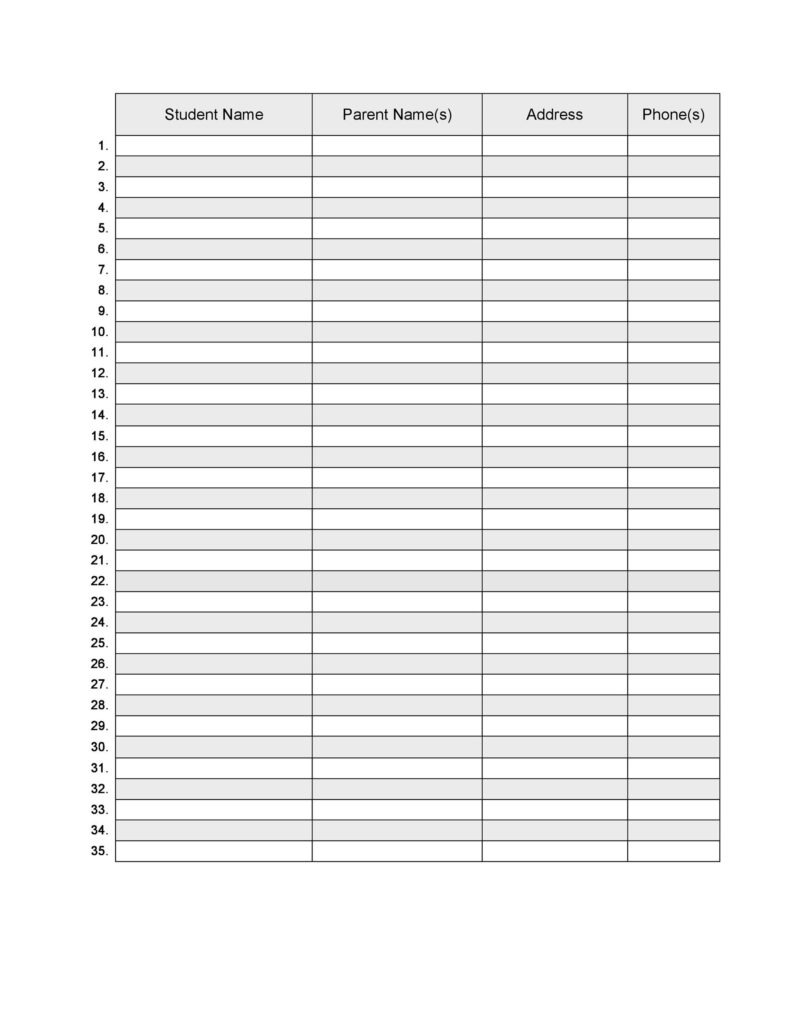 Free Printable Class List Template For Teachers Pdf