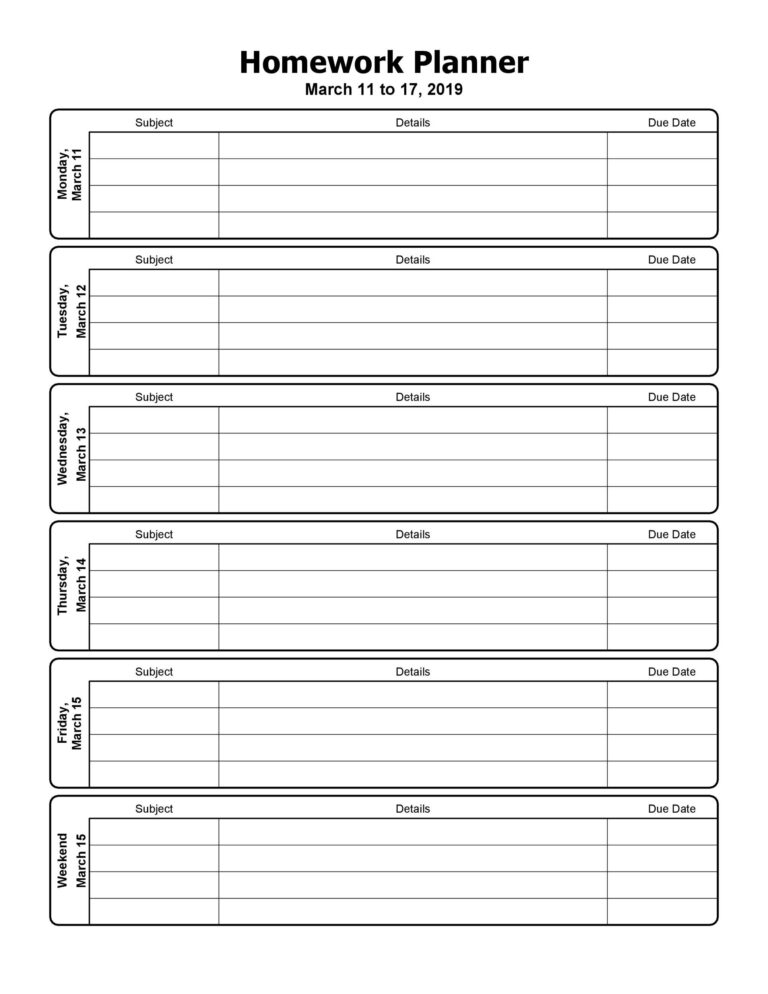 Free Homework Planner Printable Fillable Form 2023