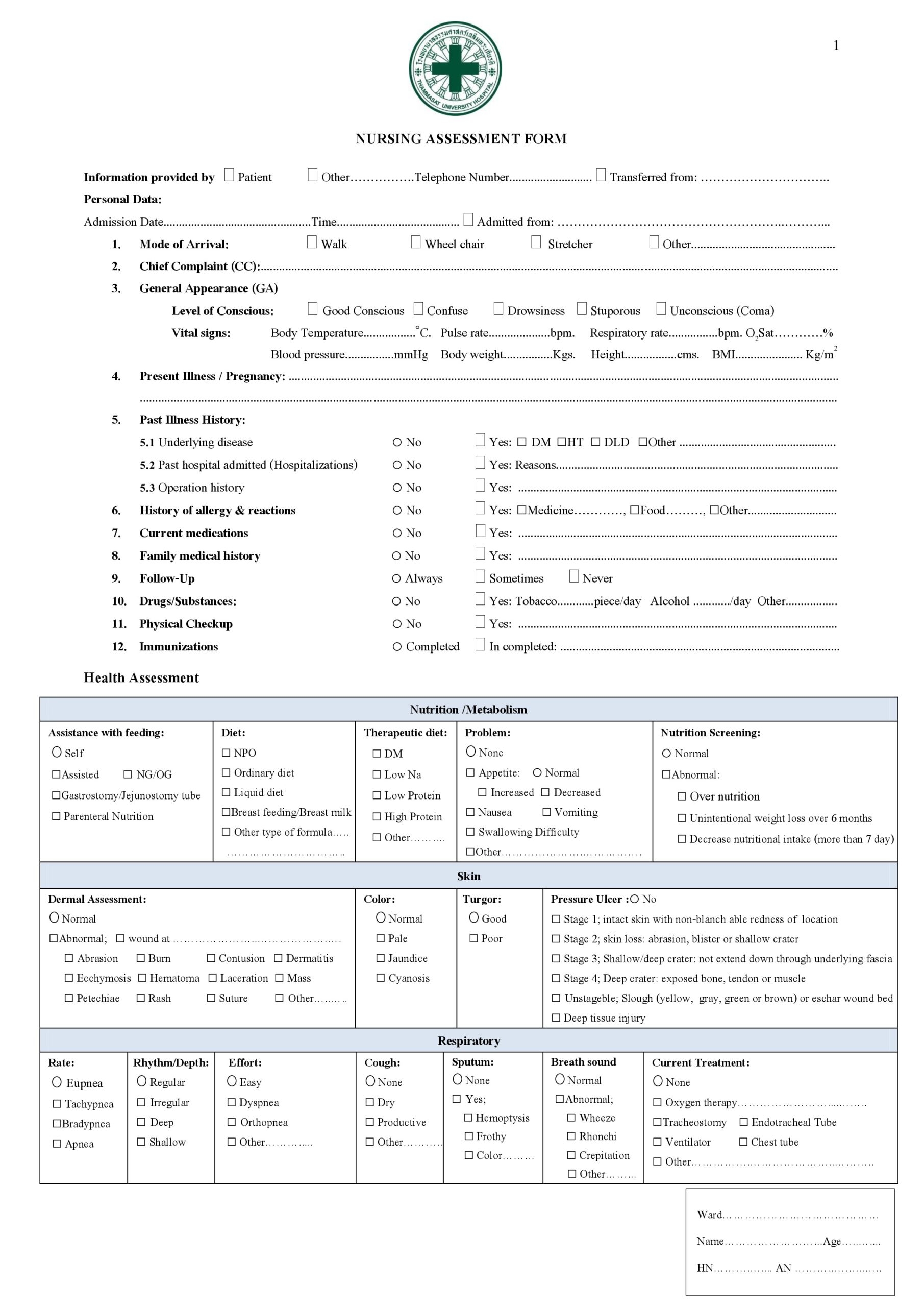 39 Printable Nursing Assessment Forms Examples 