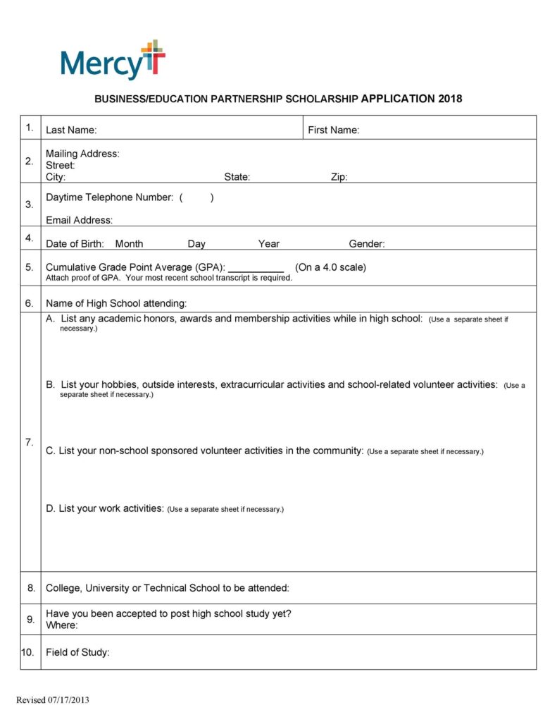 Word Printable Scholarship Application Template