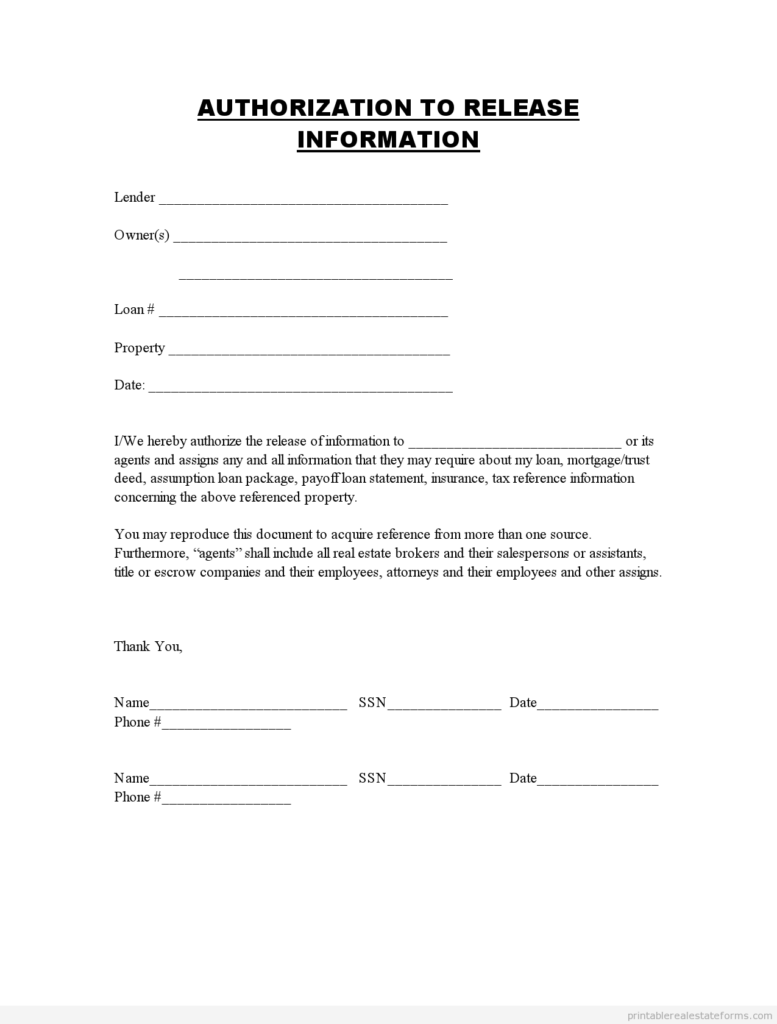 Printable Free General Release Of Information Form Template