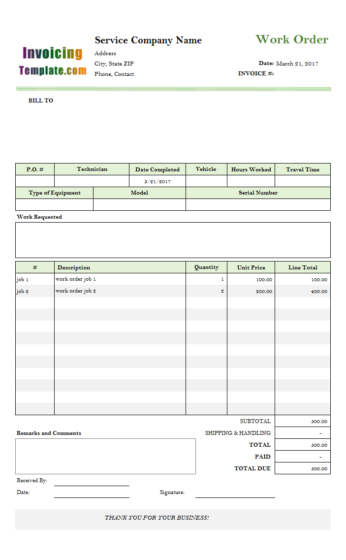 Auto Repair Work Order Template