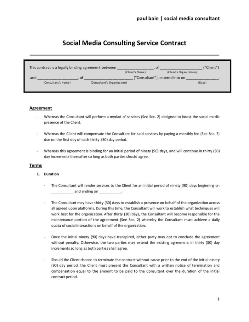 Printable Social Media Contract Template