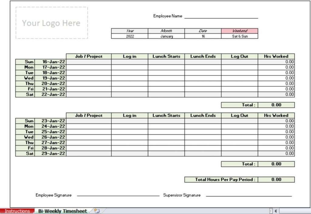 Printable Simple Biweekly Timesheet Template