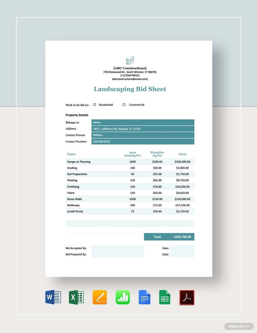 Bid Sheet Templates Documents Design Free Download Template