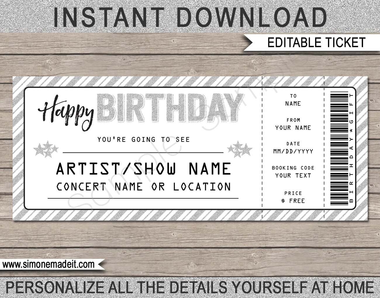 Birthday Gift Concert Ticket Template Printable Gift Voucher Etsy de