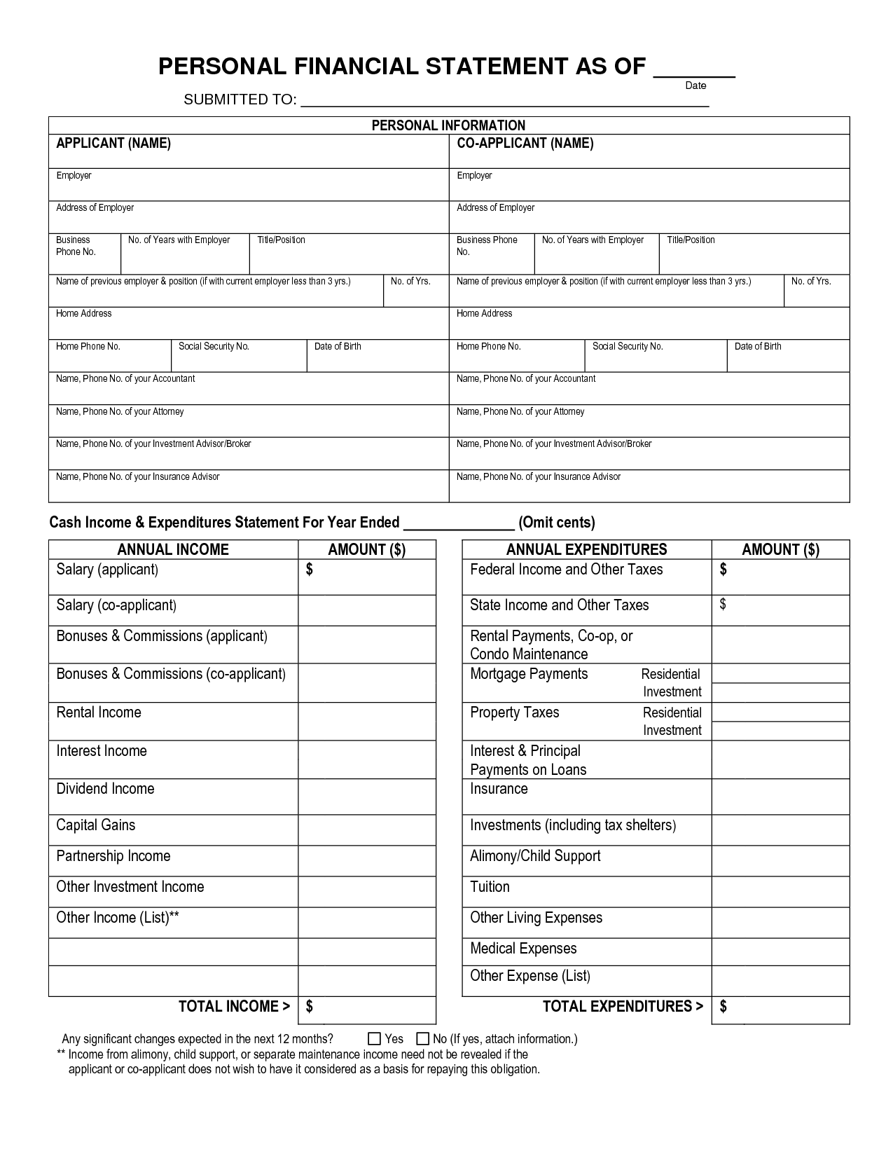 Blank Personal Financial Statement Form Personal Financial Statement Statement Template Financial Statement