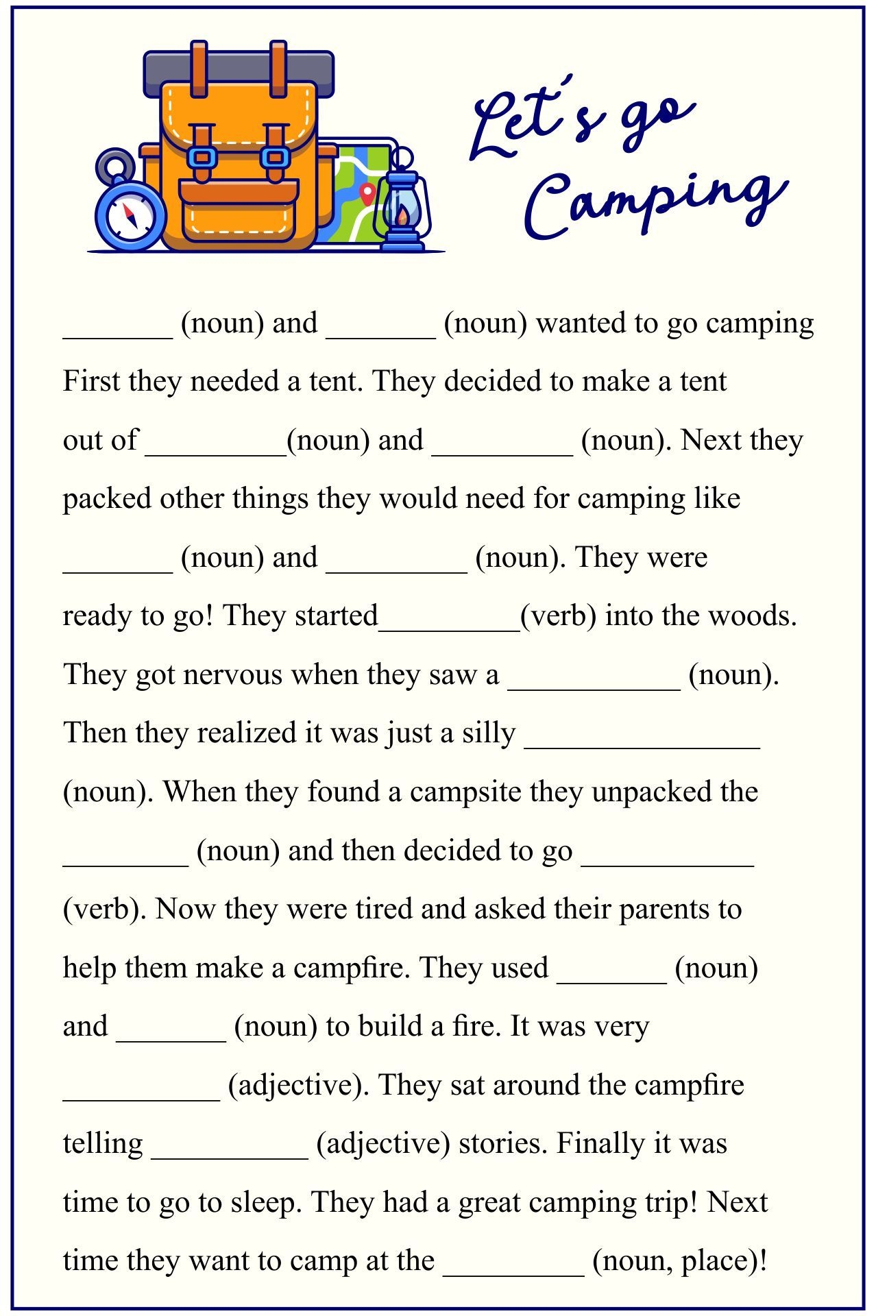 Camping Mad Libs Free Printable Printable Mad Libs Kids Mad Libs Camping Theme Classroom