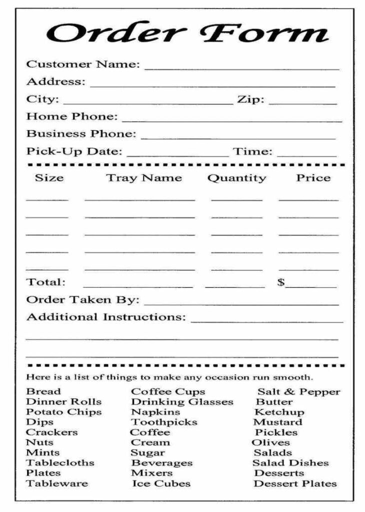 Printable Food Order Form Template