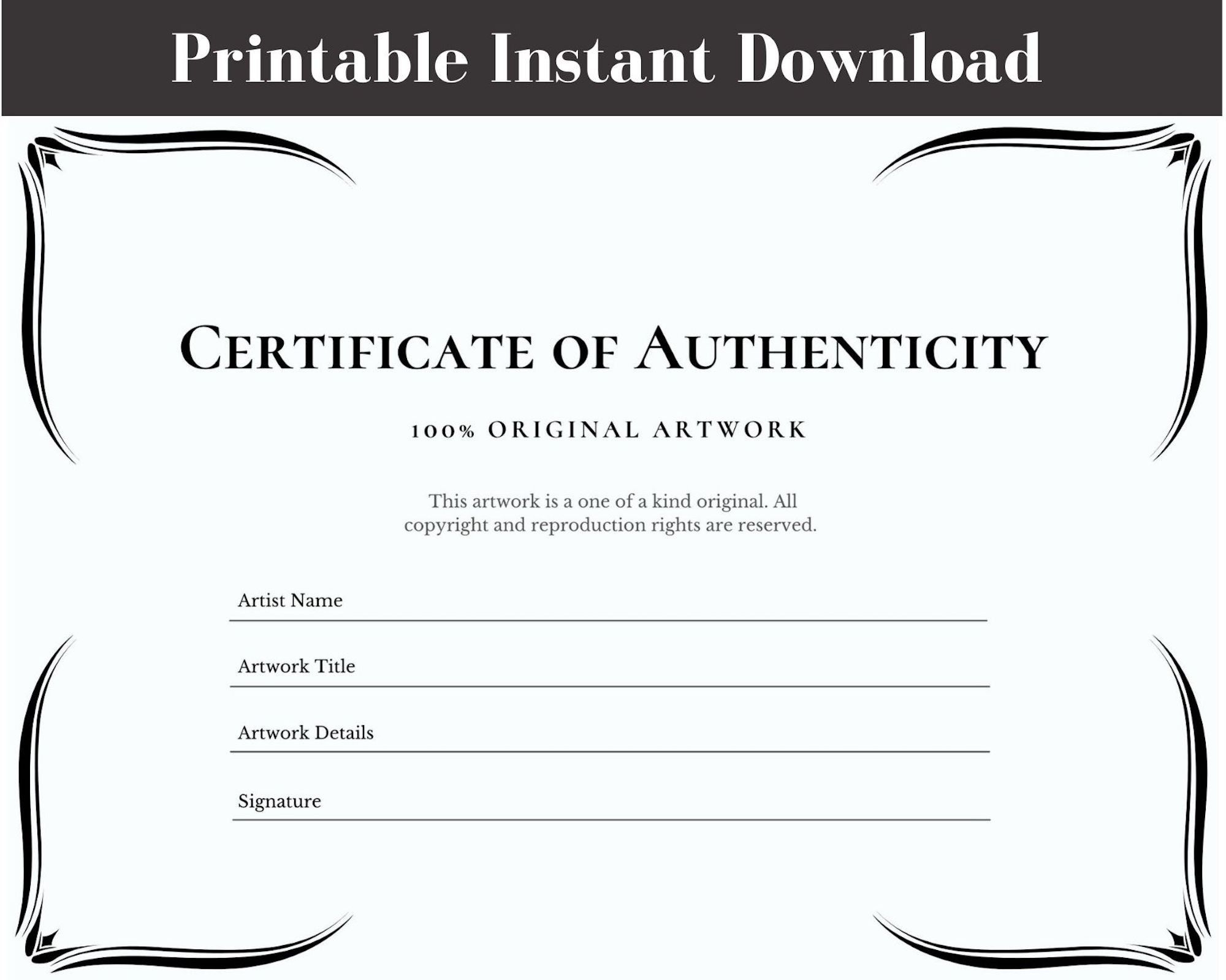 Certificate Of Authenticity For Art Instant Download Etsy Digital Certificate Instant Download Printable Certificate